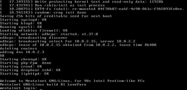 LovePara boot console: kernel messages, syslogd, klogd, nftables firewall, udhcpc DHCP lease, chronyd, php-fpm, crond, dropbear sshd and lighttpd all starting OK, followed by the Mentalnet GNU/Linux build R1 LovePara login prompt